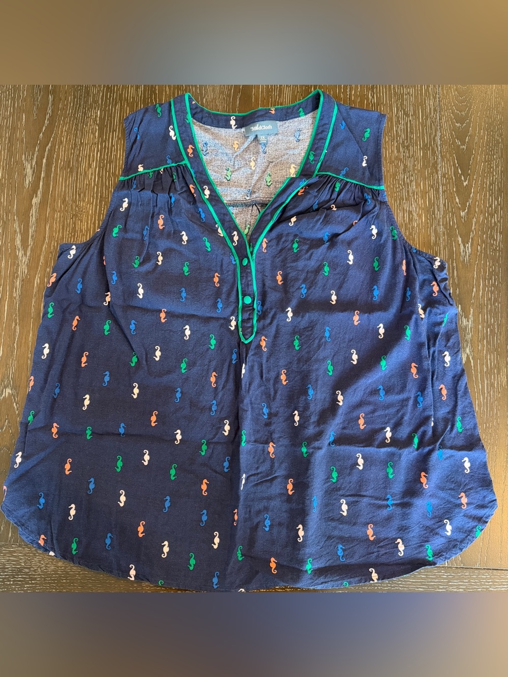 ModCloth Women’s 2X Navy Blue Seahorse Print Button Tank Top Green Piping